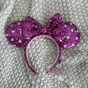 Disney Parks Minnie Ears Headband Pink Sequins & White Embroidered Hearts NWOT